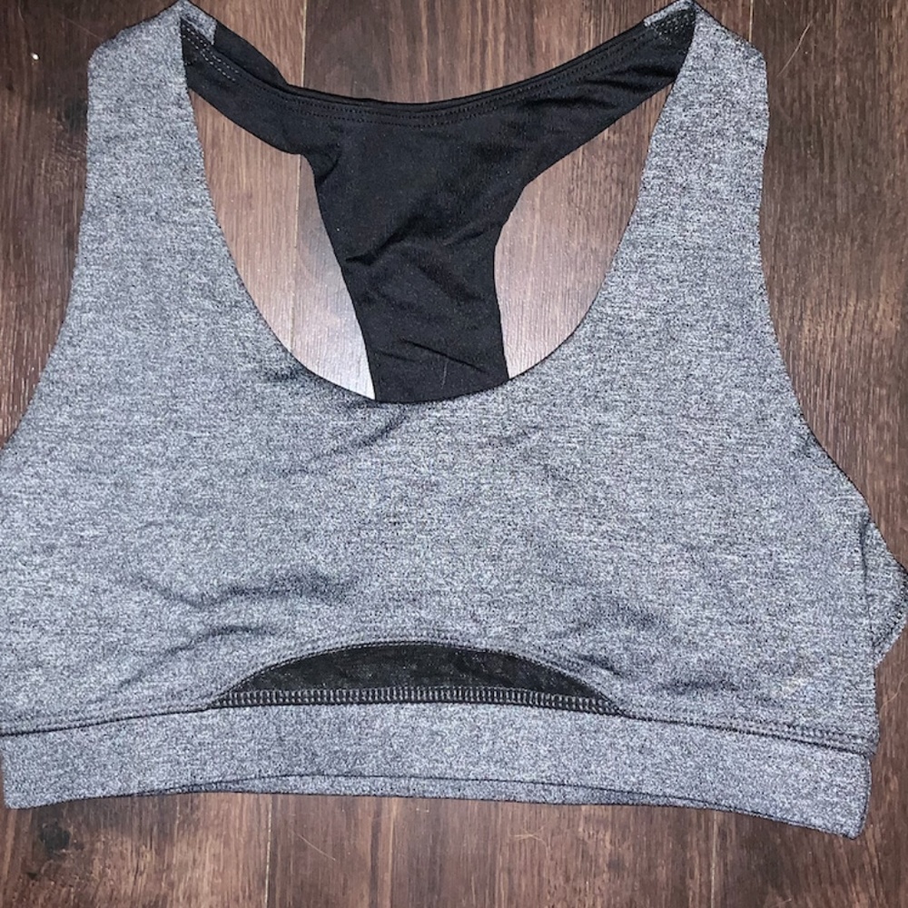 Gray and black medium support sports bra